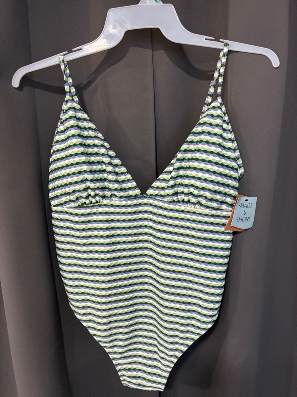 Shade & Shore Green and White Striped V-Neck One-Piece Swimsuit